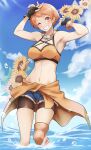  1girl bikini bikini_top blue_sky bracelet denim denim_shorts fingerless_gloves fire_emblem fire_emblem_heroes flower gloves grin highres jewelry kurosususu leonie_pinelli looking_at_viewer ocean one_eye_closed orange_bikini orange_eyes orange_hair short_hair shorts sky smile sunflower swimsuit thigh_gap 