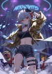  1girl amplifier_(instrument) antennae areaaaron arknights belt black_belt black_shorts black_tank_top breasts brown_jacket cleavage collar grey_hair grin hand_up highres holding jacket large_breasts leg_belt looking_at_viewer medium_hair midriff navel neon_lights open_clothes open_jacket red_eyes short_shorts shorts smile solo spiked_belt spiked_collar spikes standing tank_top w_(arknights) 
