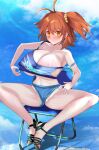  1girl ahoge bare_legs blue_bra blue_panties blue_sky blush bra breasts chair fate/grand_order fate_(series) folding_chair fujimaru_ritsuka_(female) highres huge_breasts koohii_koucha_maru large_breasts looking_at_viewer medium_hair orange_eyes orange_hair panties sandals side_ponytail sitting sky solo underwear 