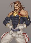  1boy bara bare_shoulders beard brown_eyes brown_hair bulge covered_abs covered_navel detached_sleeves energy_camdy eugen_(granblue_fantasy) eyepatch facial_hair granblue_fantasy highres male_focus mature_male medium_hair muscular muscular_male mustache pants pectorals sideburns sidepec solo white_pants 