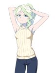  1girl armpits bare_shoulders blonde_hair blue_eyes blue_pants breasts closed_mouth denim diana_cavendish eyebrows_visible_through_hair jeans little_witch_academia long_hair looking_at_viewer pants satochi_(twitter) simple_background small_breasts solo standing sweater white_background 