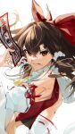  1girl angry ascot back bangs blood blood_from_mouth blood_on_face bow brown_eyes brown_hair collar commentary_request detached_sleeves eyebrows_visible_through_hair floating_hair from_behind gotou_(nekocat) hair_between_eyes hair_bow hair_tubes hakurei_reimu hand_up highres holding long_hair looking_at_viewer nail_polish nontraditional_miko red_bow red_nails red_shirt ribbon-trimmed_sleeves ribbon_trim shirt sidelocks signature simple_background sleeveless solo touhou upper_body v-shaped_eyebrows white_background white_collar yellow_ascot 