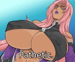  1girl bb_(baalbuddy) blue_background breasts commentary covered_nipples dutch_angle english_commentary english_text highres huge_breasts ingrid_(taimanin_murasaki) lipstick long_hair makai_kishi_ingrid makeup meme mole mole_under_mouth parted_lips pathetic_(meme) pink_hair purple_lips solo the_simpsons underboob upper_body yellow_eyes 