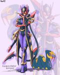 character_name contrapposto creature_and_personification english_commentary english_text full_body gen_3_pokemon great_ball highres kamen_rider personification poke_ball pokemon pokemon_(creature) power_armor purple_background seviper signature standing to_ze tokusatsu zoom_layer 
