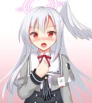  1girl blue_archive blush breasts commentary_request folded hair_between_eyes hair_ornament halo id_card looking_at_viewer mating_press red_eyes school_uniform silver_hair simple_background small_breasts solo suzumi_(blue_archive) tokyo_yamane translation_request 