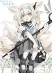  1girl alternate_costume animal_ears arknights black_collar black_footwear black_skirt blonde_hair blue_hairband blue_neckwear character_name collar earpiece flower fox_ears fox_girl fox_tail green_eyes hairband holding holding_flower holding_staff infection_monitor_(arknights) kitsune knees_up kyuubi looking_at_viewer multiple_tails open_mouth pantyhose pleated_skirt red_(girllove) school_uniform shirt sitting skirt solo staff suzuran_(arknights) tail twitter_username white_flower white_legwear white_shirt 