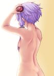  1girl absurdres arms_up back breasts butt_crack commentary_request completely_nude from_behind gradient gradient_background hair_censor hair_ornament hair_over_breasts hair_over_one_breast highres nicchi nude purple_hair short_hair_with_long_locks sideboob sidelocks small_breasts solo upper_body vocaloid voiceroid yellow_background yuzuki_yukari 