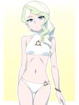  1girl bikini blonde_hair blue_eyes border breasts closed_mouth collarbone diana_cavendish eyebrows_visible_through_hair gradient gradient_background groin little_witch_academia looking_at_viewer navel ponytail satochi_(twitter) simple_background small_breasts solo standing swimsuit white_bikini white_border yellow_background 