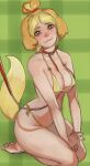  1girl animal_collar animal_crossing animal_ears barefoot between_breasts bikini blonde_hair body_freckles breasts cleavage collar dog_ears dog_tail english_commentary full_body highres humanization isabelle_(animal_crossing) large_breasts leash looking_at_viewer micro_bikini mole mole_on_breast mossacannibalis pet_play photo-referenced seiza short_hair sitting solo swimsuit tail topknot underboob yellow_bikini 