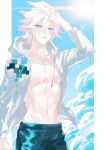  1boy bangs collarbone commentary_request danganronpa_(series) danganronpa_2:_goodbye_despair danganronpa_s:_ultimate_summer_camp day green_male_swimwear hand_on_own_head hand_up hood jacket komaeda_nagito komo-me male_focus male_swimwear medium_hair navel no_shirt official_alternate_costume open_clothes open_jacket outdoors parted_lips pillarboxed solo stomach sun teeth twitter_username white_background white_hair white_jacket 