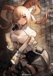  1girl animal_ears arknights black_gloves black_skirt breasts brown_hair carnelian_(arknights) chain-link_fence chinese_commentary cleavage cleavage_cutout clothing_cutout dark-skinned_female dark_skin feet_out_of_frame fence gloves goat_ears goat_girl goat_horns highres horns large_breasts looking_at_viewer red_eyes shenyuheimao shirt short_hair sitting skirt solo white_shirt 