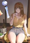  1girl :o alcohol arm_support bangs blunt_bangs blush brown_eyes brown_hair collarbone commentary eyebrows_visible_through_hair headband high-waist_shorts jun_(seojh1029) long_hair looking_at_viewer open_mouth original red_headband shirt shorts sitting solo thick_thighs thighs yellow_shirt 