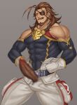  1boy bara bare_shoulders beard brown_eyes brown_hair censored covered_abs covered_navel detached_sleeves energy_camdy erection eugen_(granblue_fantasy) eyepatch facial_hair granblue_fantasy highres male_focus mature_male medium_hair mosaic_censoring muscular muscular_male mustache pants pectorals penis sideburns sidepec solo veins veiny_penis white_pants 