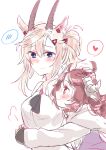  2girls animal_ears arknights blue_eyes blush breasts brown_eyes brown_hair curled_horns earthspirit_(arknights) elite_ii_(arknights) eyjafjalla_(arknights) goat_ears goat_girl goat_horns heart height_difference highres horns hug multiple_girls naoi_retsu platinum_blonde_hair sheep_girl sheep_horns yuri 