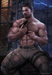  1boy abs arm_hair bara beard brown_hair brown_pants bulge chest_hair chris_redfield covered_abs facial_hair gun hairy harness highres holding holding_gun holding_weapon large_pectorals leg_hair male_focus marcus_(rnarccus) mature_male midriff_peek muscular muscular_male mustache navel navel_hair nipples pants pectorals rain realistic resident_evil resident_evil_5 reward_available shirt shirtless short_hair sideburns solo stomach stubble thick_thighs thighs tight tight_pants torn_clothes torn_pants weapon weapon_request window 