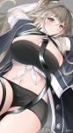 1girl anchorage_(azur_lane) arms_up azur_lane bangs bikini black_bikini black_coat black_shorts blush breasts brown_hair cleavage closed_mouth coat commentary_request cowboy_shot crossed_bangs eyebrows_visible_through_hair grey_background groin hair_between_eyes highres huge_breasts large_breasts looking_at_viewer megumi_kei midriff navel off_shoulder purple_eyes shirt short_shorts shorts sidelocks signature smile solo swimsuit thigh_strap tied_shirt twintails white_sleeves wide_sleeves 