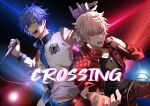  2boys argonavis_from_bang_dream! asahi_nayuta bang_dream! blue_hair blue_neckwear english_text highres holding holding_microphone jacket leather leather_jacket male_focus microphone mugen25 multiple_boys nanahoshi_ren necktie purple_eyes red_eyes red_jacket white_hair 