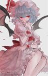  1girl bat_wings biting blood blue_hair blurry blurry_background chii_(pp0) collared_dress depth_of_field dress dripping feet_out_of_frame finger_biting frilled_dress frilled_shirt_collar frilled_sleeves frills hand_up hat hat_ribbon highres mob_cap pink_dress pink_headwear red_eyes red_ribbon red_sash remilia_scarlet ribbon sash shiny shiny_hair short_hair simple_background solo touhou wavy_hair wings wrist_cuffs 