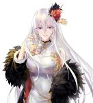  1girl azur_lane bangs black_coat china_dress chinese_clothes coat dress earrings enterprise_(azur_lane) enterprise_(blooming_peony)_(azur_lane) eyebrows_visible_through_hair flower fur_trim hair_between_eyes hair_flower hair_ornament highres jewelry long_hair looking_at_viewer off_shoulder official_alternate_costume purple_eyes silver_hair simple_background solo suprii upper_body white_background 