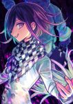  1boy :d akiyamabc bangs black_hair black_scarf blush buttons checkered checkered_scarf danganronpa_(series) danganronpa_v3:_killing_harmony dark_skin double-breasted dual_persona from_side grey_hair grin jacket long_sleeves looking_at_viewer male_focus open_mouth ouma_kokichi purple_eyes purple_hair scarf smile upper_body upper_teeth white_jacket white_scarf 