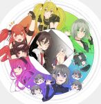  6+girls ahoge black_hair blonde_hair blue_eyes character_doll color_wheel commentary_request cz-75_(girls&#039;_frontline) fingerless_gloves g11_(girls&#039;_frontline) girls&#039;_frontline gloves goggles goggles_on_head gradient green_eyes green_hair hair_ornament hair_scrunchie highres js05_(girls&#039;_frontline) long_hair m950a_(girls&#039;_frontline) mg5_(girls&#039;_frontline) multiple_girls nz_75_(girls&#039;_frontline) one_eye_closed open_mouth p22_(girls&#039;_frontline) pink_eyes pink_hair pm-06_(girls&#039;_frontline) pm-9_(girls&#039;_frontline) r5_(girls&#039;_frontline) rabb_horn red_eyes red_hair scrunchie short_hair silver_hair smile spoken_character tongue tongue_out twintails yellow_eyes 