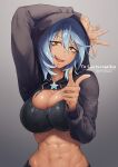  1girl abs blue_hair breasts cleavage commentary_request commission eyebrows_visible_through_hair grey_background hair_between_eyes highres hood large_breasts long_sleeves looking_at_viewer navel open_mouth original pote0508 short_hair shrug_(clothing) simple_background skeb_commission solo star_(symbol) teeth tongue upper_body yellow_eyes zipper 