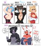  5girls ;p absurdres animal_ears arm_under_breasts arms_up bangs bare_shoulders black_choker black_hair black_hoodie black_shirt blonde_hair blue_eyes blue_hair blush breasts chart china_dress chinese_clothes choker cleavage cleavage_cutout clothing_cutout collarbone colored_skin colored_tips commentary cropped_hoodie demon_tail dress elbow_gloves english_commentary english_text eyebrows_visible_through_hair gloves grey_skin groin hair_between_eyes hair_ornament hair_over_one_eye hairclip highres hood hood_down hoodie horns large_breasts li_(rob_ishi) long_hair long_sleeves looking_at_viewer medium_breasts meme multicolored_hair multiple_girls navel nelu_(rob_ishi) off_shoulder one_eye_closed oni_horns open_clothes open_mouth open_shirt orange_eyes original parted_lips pointy_ears profanity purple_eyes red_dress red_skin rob_ishi shirt shirt_cut_meme short_hair sideboob sign simple_background sleeveless sleeveless_dress slit_pupils small_breasts smile stomach tail tongue tongue_out tracie_(rob_ishi) two-tone_hair underboob upper_body v-shaped_eyebrows white_background white_gloves white_hair 
