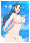  beach bikini blue_hair bow breasts brown_eyes facing_to_the_side full_metal_panic! hair_bow highres long_hair looking_at_viewer open_mouth sketch smile sunlight swimsuit user_ccfk3384 water white_bikini 