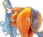  1girl :o ass bent_over blue_hair bodysuit breasts commentary_request covered_nipples dragon_quest dragon_quest_iii huge_ass kazo large_breasts long_hair looking_at_viewer mitre open_mouth orange_bodysuit priest_(dq3) red_eyes simple_background solo thick_thighs thighs white_background 