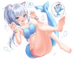  1girl :d absurdres animal_ear_fluff animal_ears bare_legs bare_shoulders barefoot bloop_(gawr_gura) blue_eyes blue_hair blue_nails blush breasts bubble camisole cat_ears claw_pose commentary_request crop_top feet fish_tail full_body gawr_gura hands_up haqu highres hololive kemonomimi_mode legs long_hair looking_at_viewer midriff multicolored_hair nail_polish open_mouth pink_shorts ponytail shark_tail sharp_teeth short_shorts shorts silver_hair simple_background small_breasts smile soles solo speech_bubble spoken_letter streaked_hair tail teeth toes white_background wristband 