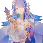  1girl blue_eyes blue_hair bottle breasts choker cleavage closed_mouth earrings elbow_gloves expressionless fins flower gloves hair_flower hair_ornament headdress highres holding jewelry large_breasts long_hair looking_at_viewer low_ponytail necklace ningyo_hime_(sinoalice) pearl_necklace potion senryoko sidelocks simple_background sinoalice white_background 
