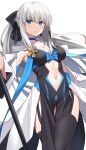  1girl bangs black_bow black_dress blue_eyes bow braid breasts center_opening cleavage dress fate/grand_order fate_(series) flying_sweatdrops french_braid grey_hair hair_bow highres large_breasts long_hair long_sleeves looking_at_viewer morgan_le_fay_(fate) pelvic_curtain polearm ponytail sidelocks solo spear suiroh_(shideoukami) thighs two-tone_dress very_long_hair weapon white_dress wide_sleeves 