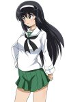  1girl bangs black_hair black_neckwear blouse brown_eyes closed_mouth commentary cowboy_shot eyebrows_visible_through_hair frown girls_und_panzer green_skirt hairband hand_on_hip highres long_hair long_sleeves looking_to_the_side miniskirt neckerchief older ooarai_school_uniform pleated_skirt reizei_mako sailor_collar school_uniform serafuku simple_background skirt solo standing wakku_kan white_background white_blouse white_hairband white_sailor_collar 