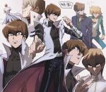  2boys aoki_(fumomo) bangs black_pants blonde_hair blue_eyes brown_hair closed_mouth coat crossed_arms grey_background hair_between_eyes high_collar jounouchi_katsuya kaiba_seto long_sleeves male_focus multiple_boys multiple_views open_mouth pants shaded_face simple_background sweat white_coat yu-gi-oh! 