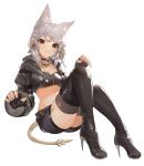  1girl akizone animal_ears au_ra black_footwear black_gloves black_jacket black_legwear black_shorts boots breasts brown_eyes cheeze_(akizone) cleavage closed_mouth commentary eyebrows_visible_through_hair final_fantasy final_fantasy_xiv fingerless_gloves gloves highres jacket long_sleeves looking_at_viewer medium_breasts midriff original short_hair shorts silver_hair simple_background smile solo tail thigh_boots thighhighs white_background 