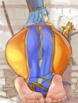  1girl ass ass_focus barefoot bent_over bodysuit book commentary_request dragon_quest dragon_quest_iii feet from_behind kazo mitre orange_bodysuit priest_(dq3) red_eyes soles solo toes 