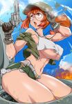  1girl :o abs aircraft airplane areola_slip areolae ass bandaid bangs bare_shoulders baseball_cap bayeuxman belt breasts cutoffs fighter_jet fio_germi fire from_below glasses gloves green_shorts ground_vehicle gun hat hat_tip heart heart_necklace heart_pendant highres jacket jet large_breasts looking_up medium_hair metal_slug military military_jacket military_vehicle motor_vehicle navel off_shoulder open_clothes open_jacket open_mouth outdoors ponytail red_eyes red_hair revolver round_eyewear sagging_breasts shiny shiny_hair shorts sidelocks signature sky soldier solo_focus stomach tank tank_top thick_thighs thighs thong toned underboob weapon white_belt white_tank_top 