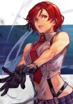  1girl black_gloves glove_pull gloves hungry_clicker lipstick looking_to_the_side makeup midriff navel necktie parted_lips red_eyes red_hair red_neckwear shirt short_hair sleeveless sleeveless_shirt solo suspenders the_king_of_fighters toned vanessa_(kof) white_shirt 