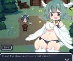  1girl aqua_hair bell belly bikini bird bird_tail blush braid breasts brown_eyes chicken choker dialogue_box english_text fake_screenshot feathered_wings feathers green_hair harpy head_wings jingle_bell monster_girl navel open_mouth original pixel_art proofmeh short_twintails side-tie_bikini small_breasts swimsuit tail thick_thighs thighhighs thighs twin_braids twintails white_feathers white_wings wing_ears winged_arms wings 