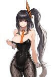  1girl architect_(girls&#039;_frontline) bangs bare_shoulders between_breasts black_hair breasts cleavage commentary_request covered_navel cowboy_shot detached_collar fishnet_legwear fishnets girls&#039;_frontline hair_ornament highres kahill korean_commentary large_breasts leotard long_hair looking_at_viewer necktie necktie_between_breasts orange_neckwear pantyhose playboy_bunny purple_eyes sangvis_ferri side_ponytail sidelocks smile solo strapless strapless_leotard very_long_hair white_background wrist_cuffs 