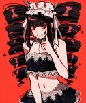  1girl absurdres artist_name bangs bare_shoulders bikini black_bikini black_hair black_nails blunt_bangs breasts celestia_ludenberg cleavage danganronpa:_trigger_happy_havoc danganronpa_(series) danganronpa_s:_ultimate_summer_camp drill_hair earrings frills gothic_lolita hand_up highres huyandere index_finger_raised jewelry lace_trim lolita_fashion long_hair looking_at_viewer nail_polish navel red_background red_eyes ribbon smile solo sparkle stomach swimsuit twin_drills twintails upper_body white_ribbon 