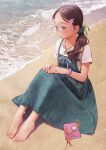  1girl barefoot beach book brown_hair dress feet full_body glasses green_eyes hair_ornament hairclip jewelry long_hair murata_range necklace ocean original pinafore_dress plantar_flexion ponytail sitting solo toes watch wristwatch 