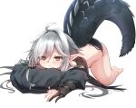  1girl :&lt; absurdres ahoge aoinu_(aoinu_99) arknights black_panties black_shirt commentary crocodilian_tail crop_top full_body gloves grey_hair highres looking_at_viewer panties partially_fingerless_gloves pillow pointy_ears shirt short_hair simple_background solo tomimi_(arknights) top-down_bottom-up underwear white_background yellow_eyes 