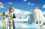  1girl animal antarctica arknights bird blue_sky brown_hair chinese_commentary cloud cloudy_sky coat commentary gloves highres igloo looking_at_animal magallan_(arknights) mask mask_around_neck mountain penguin short_hair sin. sky smile snow snow_shelter solo squinting theodolite white_coat white_gloves white_hair yellow_eyes 