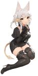  1girl akizone animal_ears au_ra black_gloves black_legwear breasts brown_eyes cheeze_(akizone) final_fantasy final_fantasy_xiv finger_to_mouth fingerless_gloves fingernails full_body gloves highres index_finger_raised large_breasts looking_at_viewer original short_hair shushing sidelocks simple_background solo tail thighhighs thighs white_background white_hair 