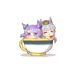  2girls :&gt; =_= animal_ears bangs bow brown_headwear closed_eyes cup ear_bow ear_covers gold_ship_(umamusume) green_bow grey_hair hat horse_ears in_container in_cup long_hair mejiro_mcqueen_(umamusume) mini_hat minigirl multiple_girls parted_lips purple_eyes purple_hair rebecca_(keinelove) shadow short_eyebrows teacup thick_eyebrows triangle_mouth umamusume v-shaped_eyebrows 