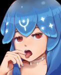  1girl bao_(vtuber) blue_hair blue_nails choker eyebrows_behind_hair finger_to_tongue iam_yul indie_virtual_youtuber liquid_hair open_mouth red_eyes tongue tongue_out upper_teeth virtual_youtuber 