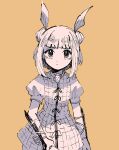  1girl bangs blunt_bangs commentary_request double_bun dress hair_ribbon haniwa_(statue) itomugi-kun joutouguu_mayumi looking_at_viewer monochrome puffy_short_sleeves puffy_sleeves ribbon short_hair short_sleeves solo touhou upper_body vambraces yellow_background 