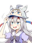  1girl ahoge animal_ears blue_eyes blush_stickers fang horse_ears horseshoe hoxutixu jitome long_hair objectification oguri_cap_(umamusume) price_tag pun school_uniform short_sleeves silver_hair solo sweatdrop tamamo_cross_(umamusume) too_literal tracen_school_uniform umamusume upper_body 