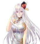  1girl absurdres azur_lane bangs bare_arms breasts china_dress chinese_clothes coat dress earrings enterprise_(azur_lane) enterprise_(blooming_peony)_(azur_lane) eyebrows_visible_through_hair flower hair_between_eyes hair_flower hair_ornament highres jewelry long_hair looking_at_viewer off_shoulder official_alternate_costume purple_eyes silver_hair simple_background solo suprii upper_body white_background 